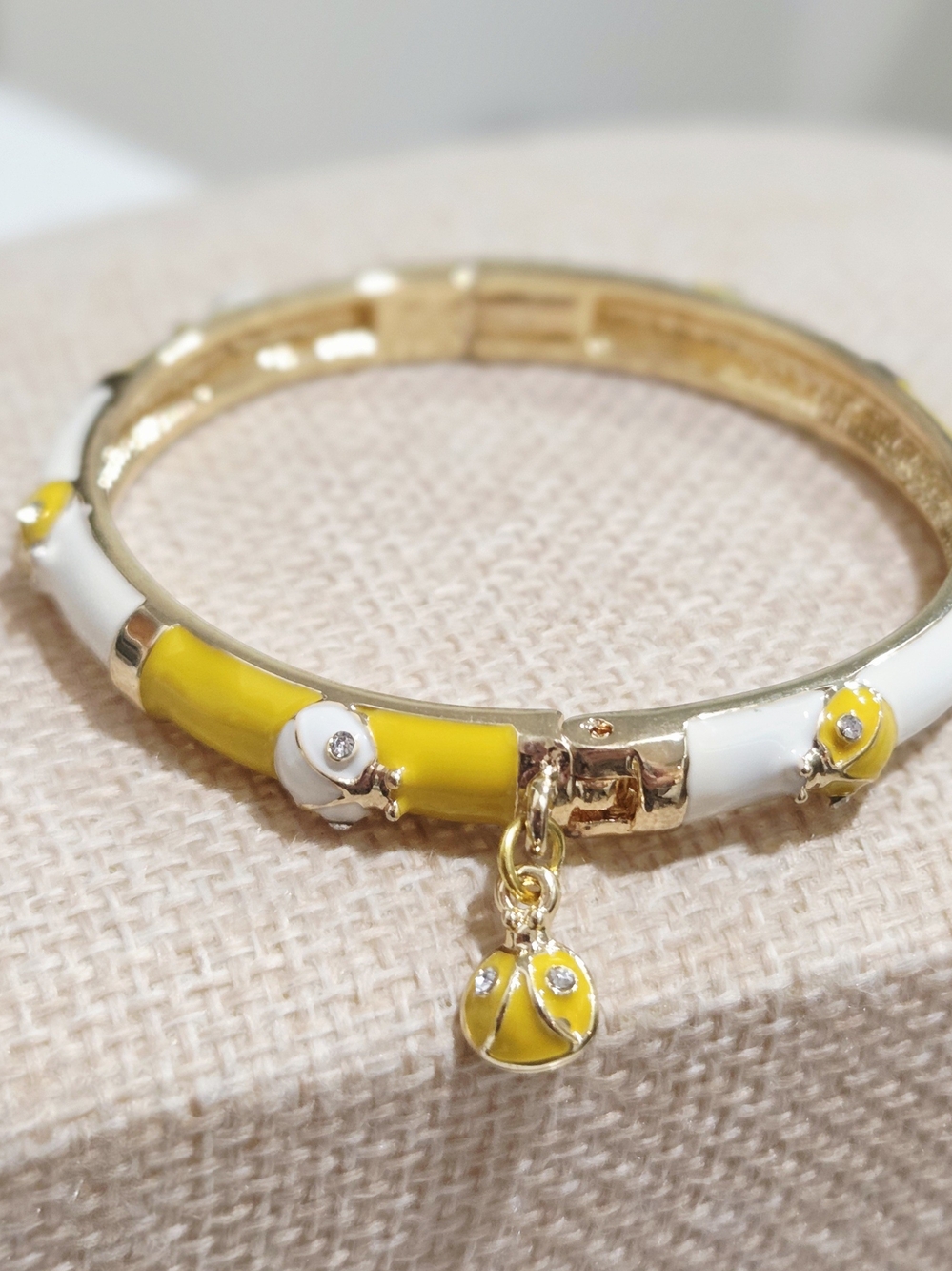 Yellow & White Ladybug Enamel Charm Bangle Bracelet